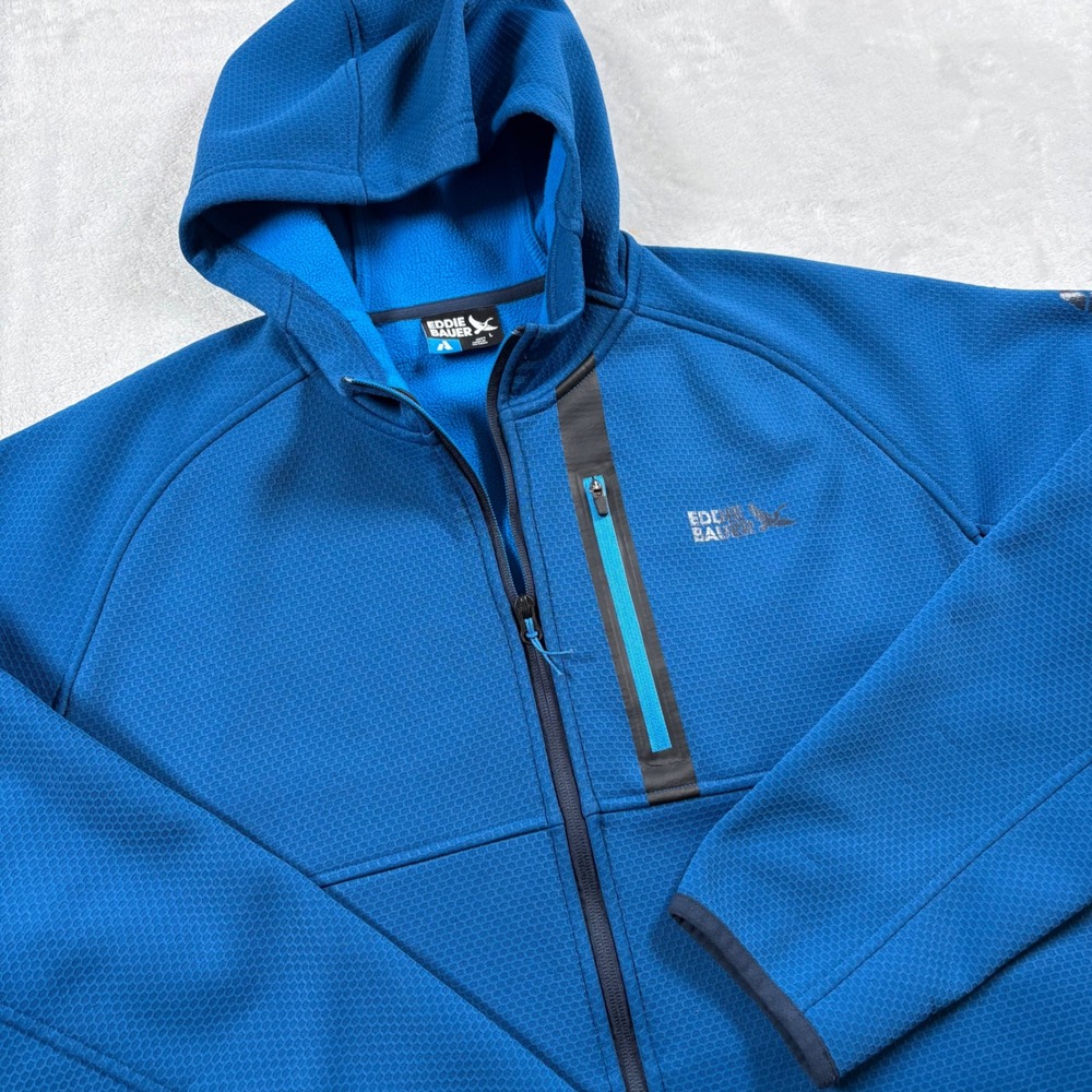 Eddie Bauer First Ascent Mens Blue Grid Fleece Full Zip Hoodie Large Outdoor L